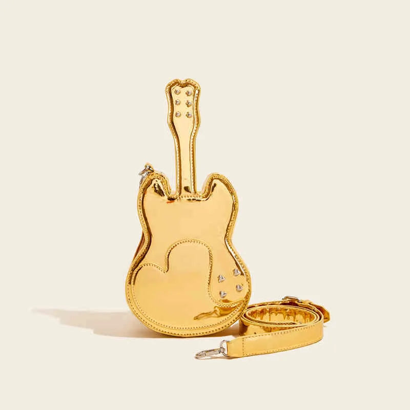Guitar-inspired creative arts PU crossbody shoulder bag in one of five colours: silver, black, yellow, blue, or pink.