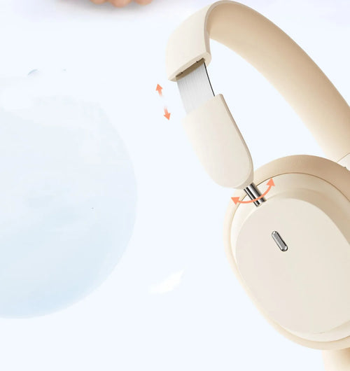 Beige or grey Bluetooth head-mounted earphones with Type-C charging port