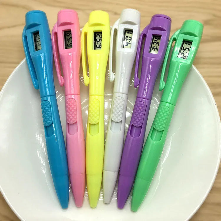 Electronic watch ballpoint pen with plastic shell and digital clock display, available in multiple pen head colours