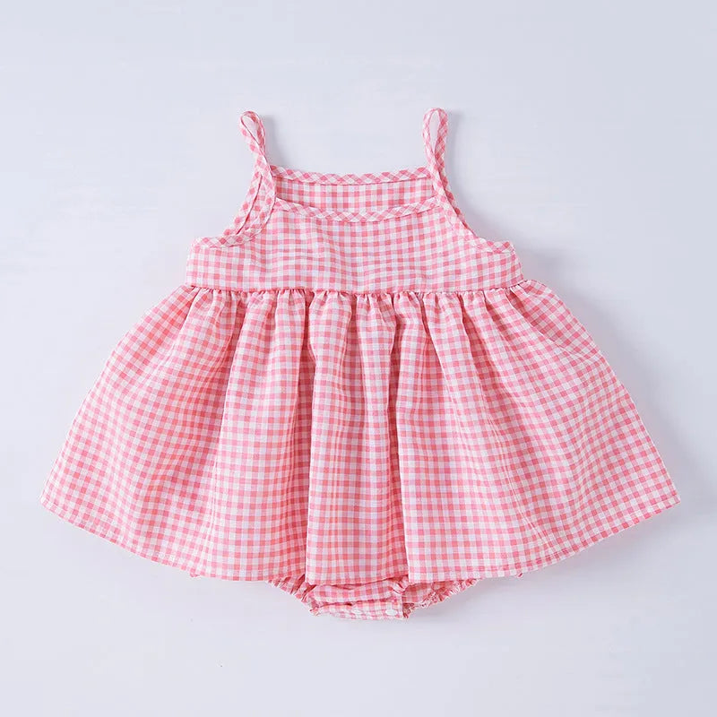 Korean style baby sling romper plaid princess dress in pink and light green, polyester fabric, sizes 68-86