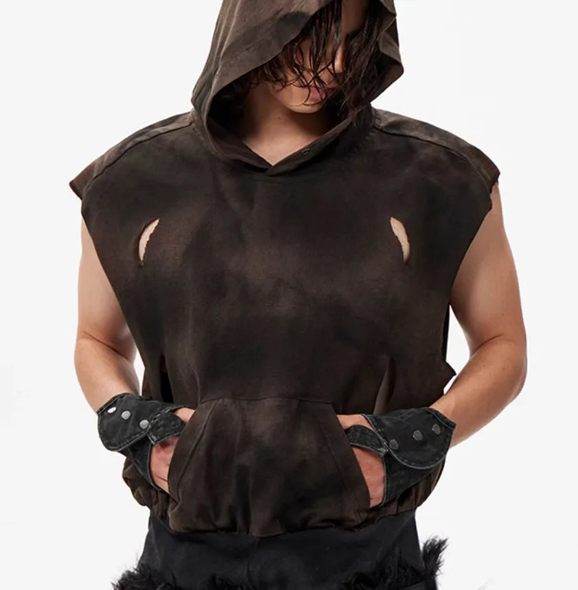 Khaki coloured sleeveless cotton hooded vest on a hanger