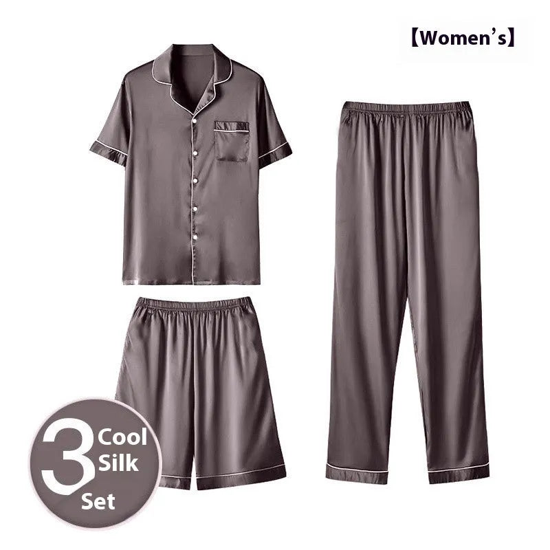 Men's ice silk three-piece home wear suit showing thin fabric, including trousers and shorts, in a selection of available colours.