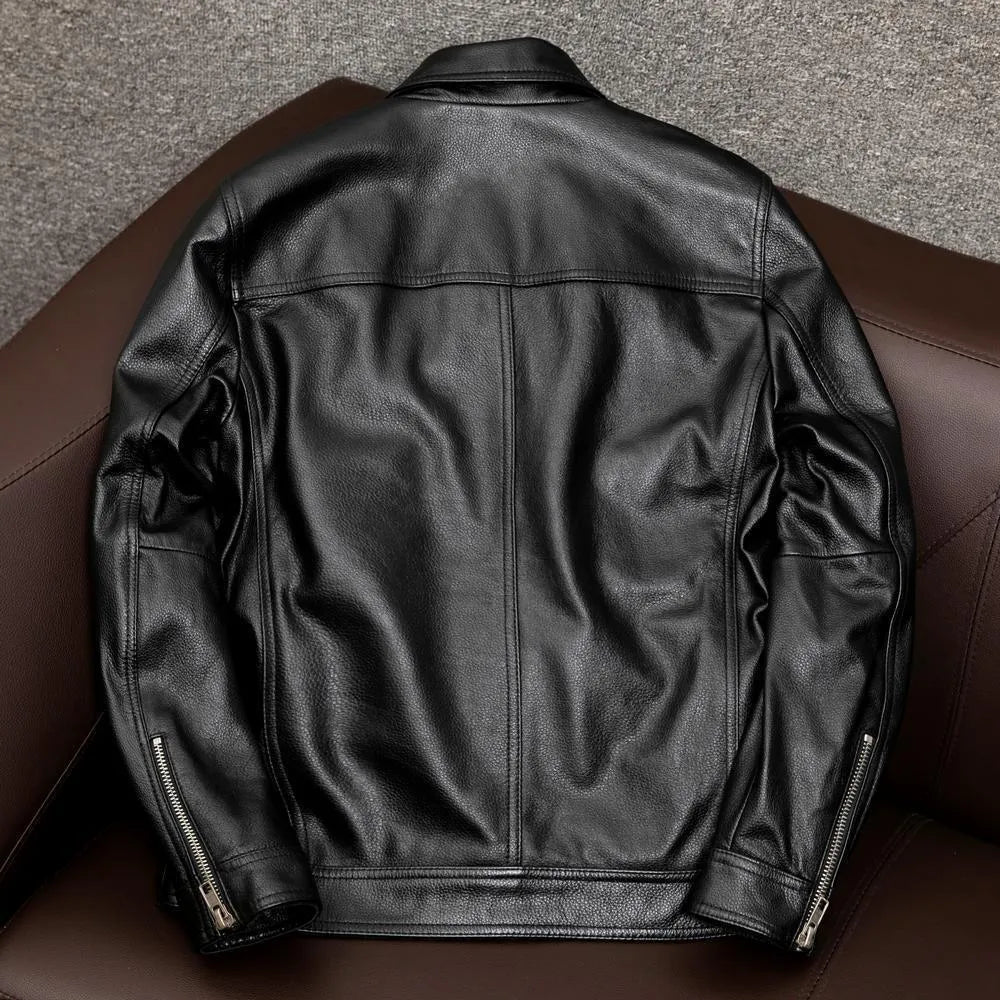 Men's black plus size PU leather jacket with lapel collar and side pockets