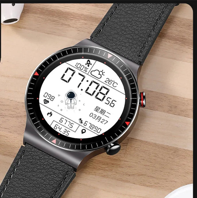 Bluetooth call smart watch with 1.28 inch screen, metal and plastic body, TPU silicone strap, black colour, showing music recording and step counting functions