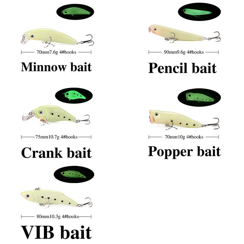 Set of 5 fluorescent hard bait fishing lures with luminous effect for predator angling