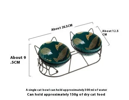 Ceramic double cat bowl set with fixed tilted stand, 26.5 x 12.5cm, 300ml bowls in white with gold cat ear stand