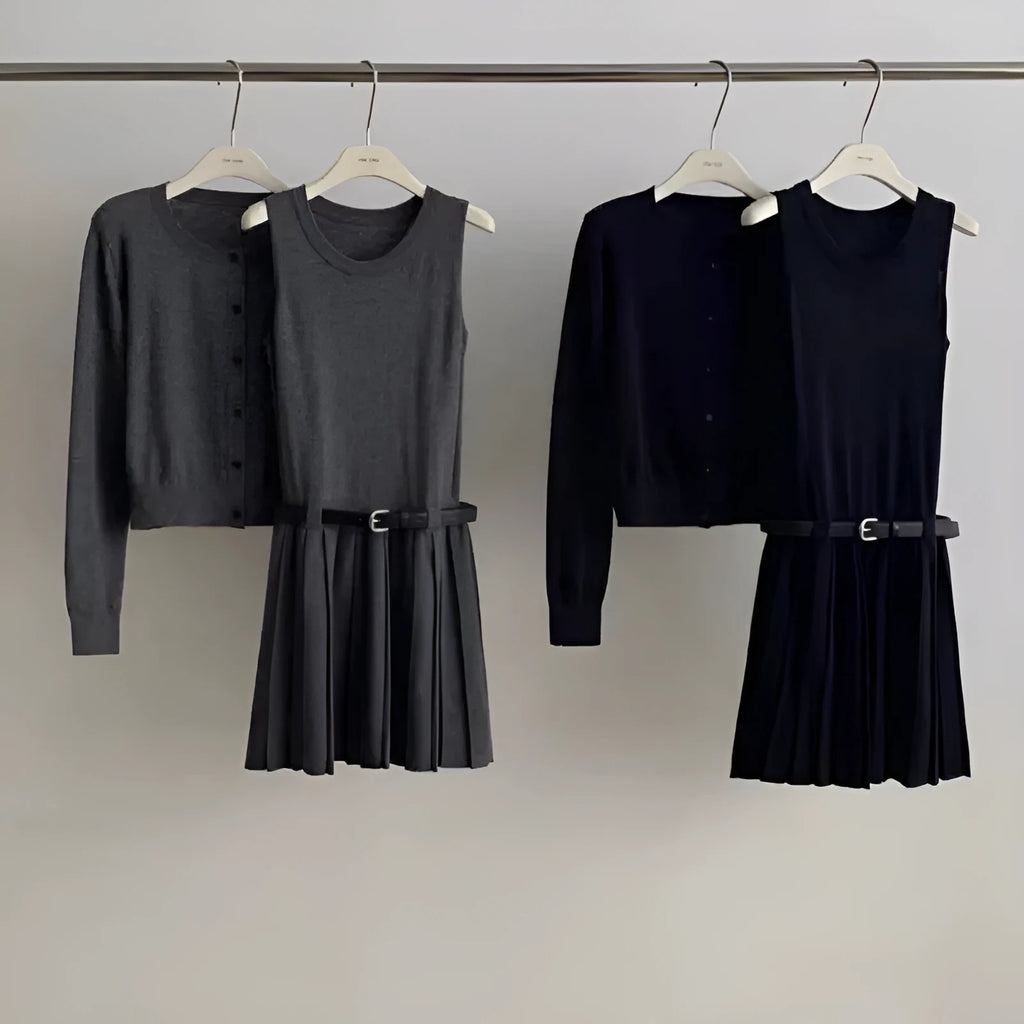Age-reducing knitted vest skirt and long-sleeved cardigan set in gray, 3D effect pattern, pleated mid skirt with belt