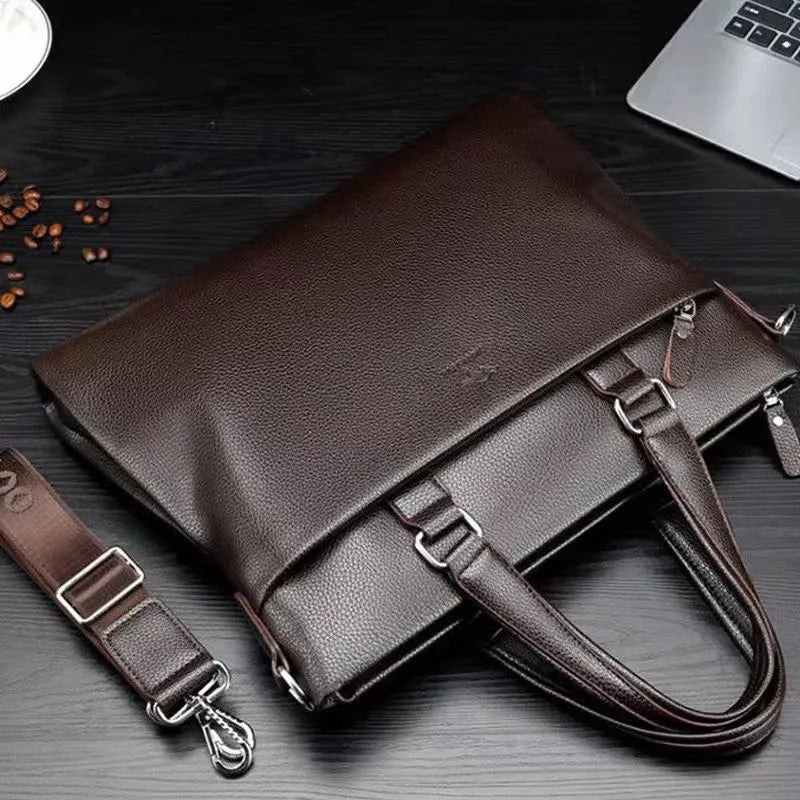 Men's black PU leather business messenger bag with crossbody strap showing 35cm width