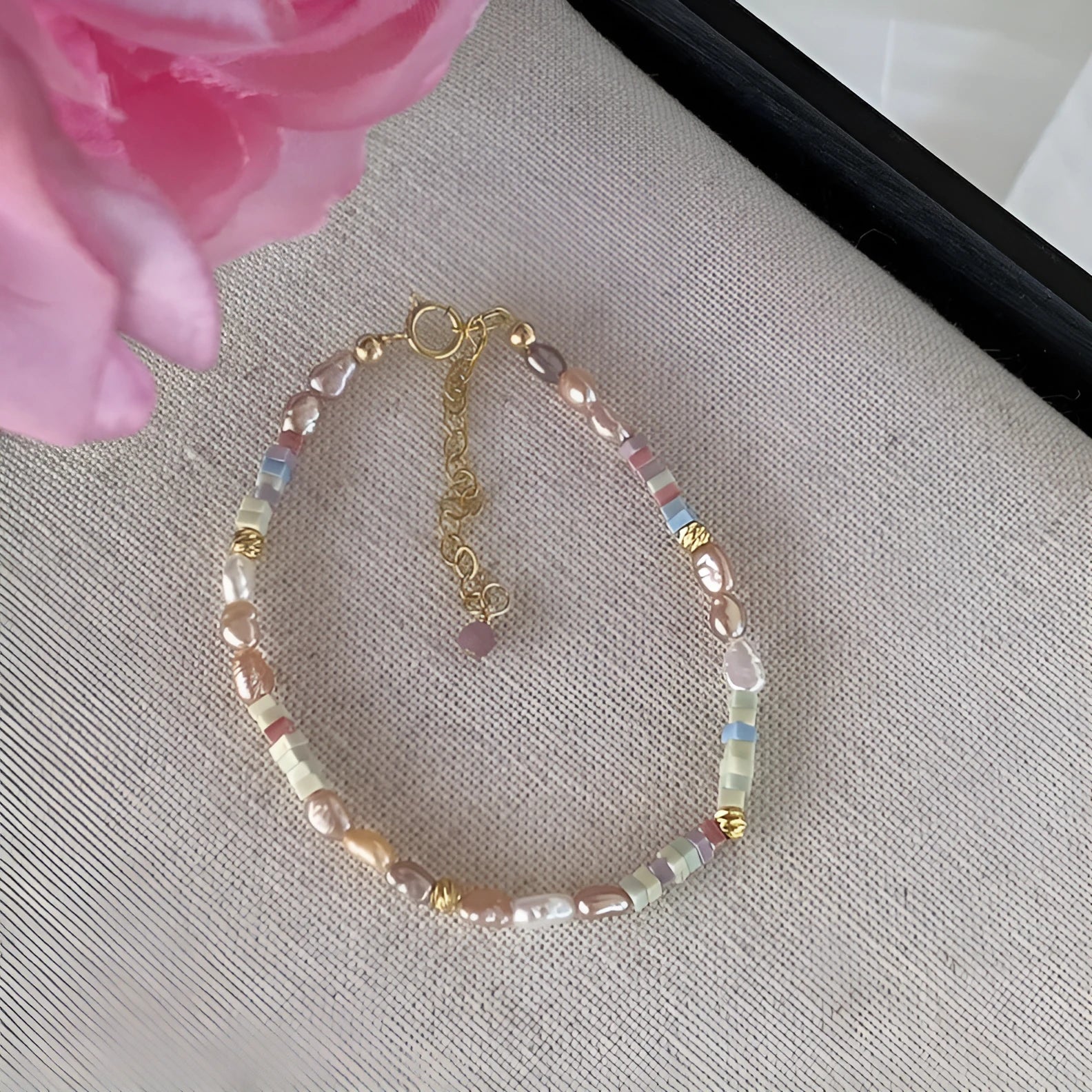 Women's natural pearl bracelet and necklace set with 14K gilded purple silver accents on irregular mini pearls