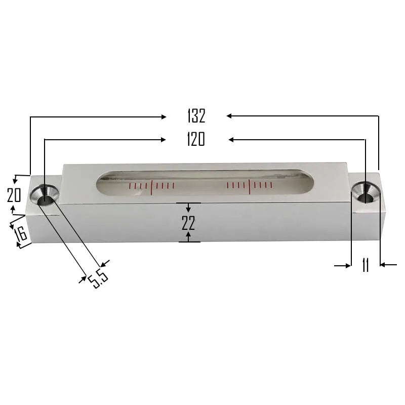 Metal and glass mini strip spirit level showing measurement vials with 500 blisters, compact 132mm design