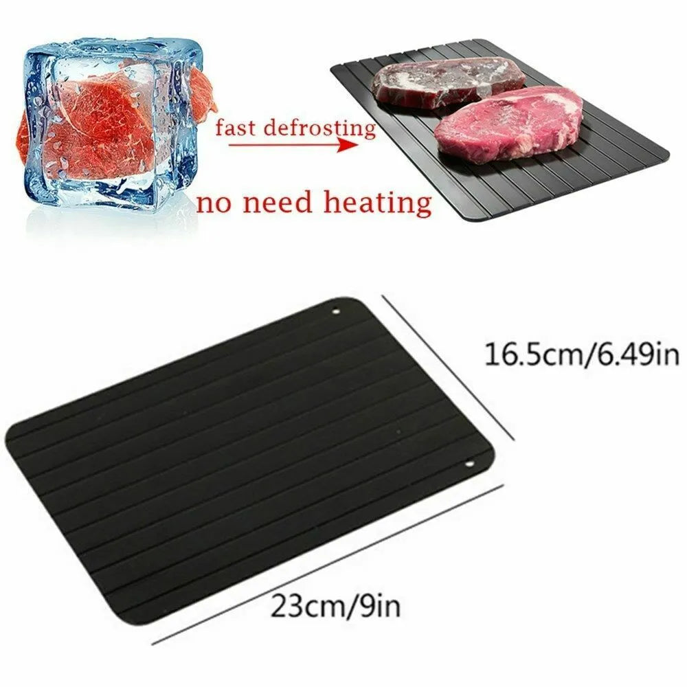 Black aluminium fast defrost tray for thawing frozen meat and food without electricity