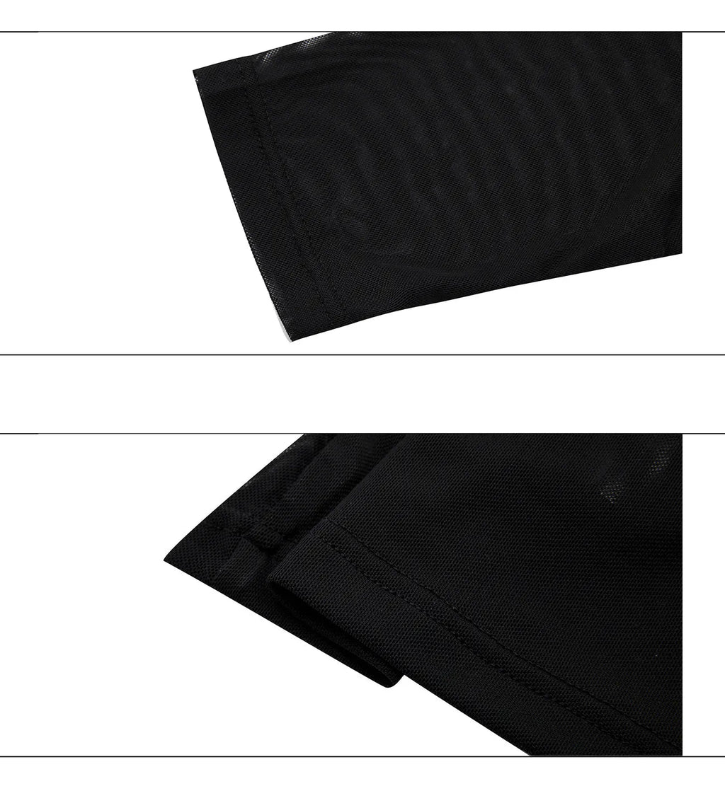 Slim-fit long-sleeved mesh shirt in black, shown as a base layer for athletic wear.
