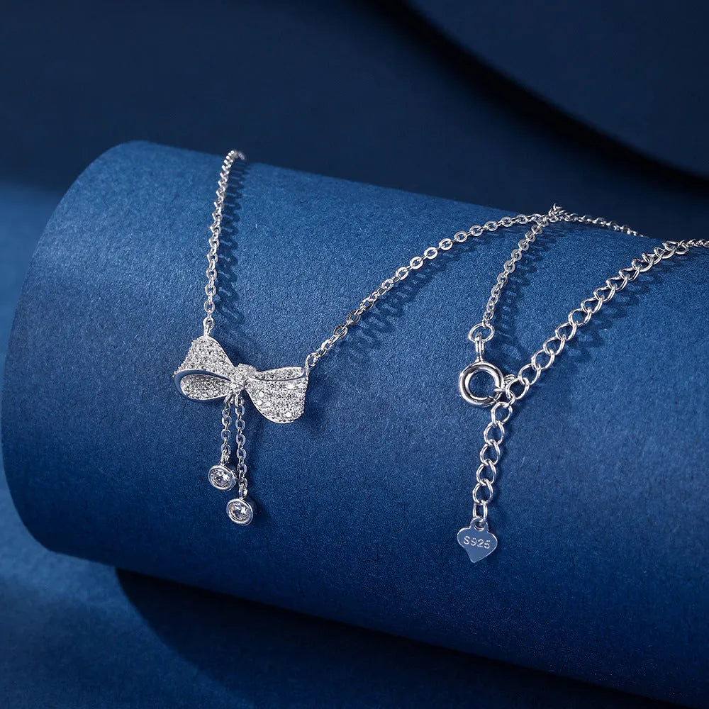 S925 sterling silver bow pendant necklace on O-ring chain with 40-45cm circumference