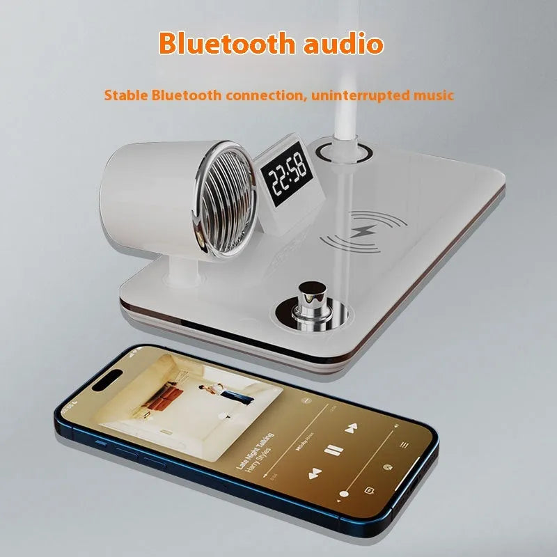 Black or white wireless charging desk lamp with digital clock display and LED eye-protection light