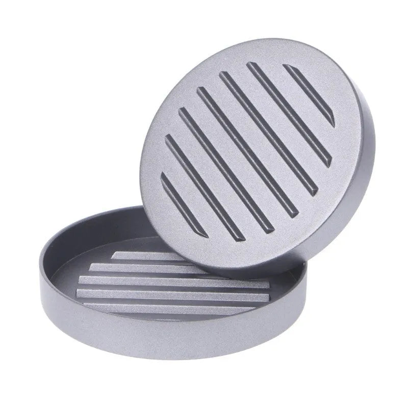Single aluminium die cast burger press with base and handled plate, 12x12x9 cm size