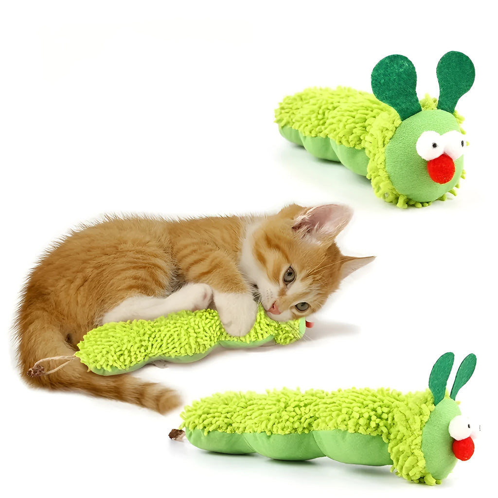 Green interactive plush cat toy pillow with sports design, showing scale.
