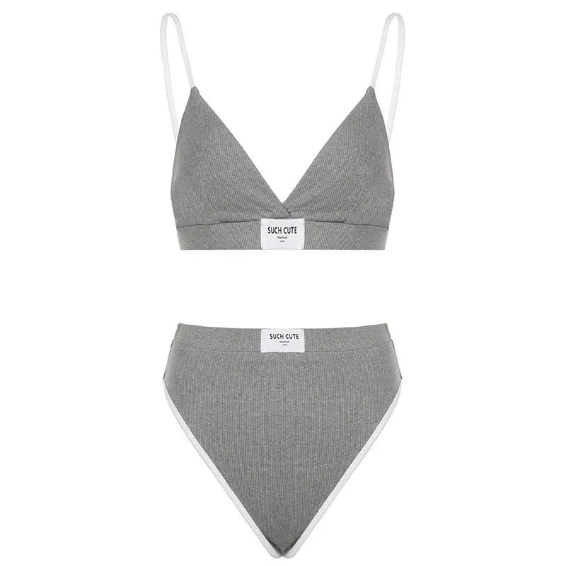 Women's bikini underwear set with contrast binding and letters embroidery in grey, black or white colour options