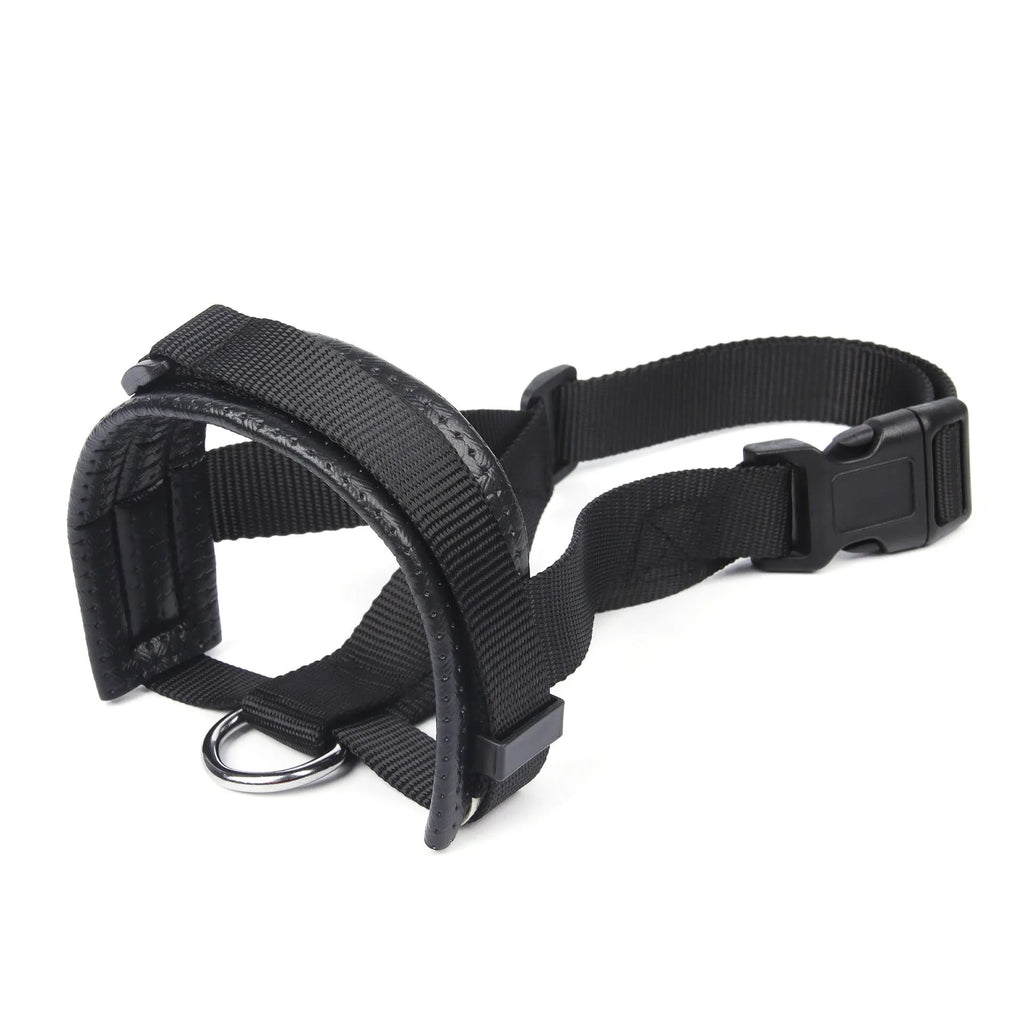 Adjustable soft foam dog muzzle with straps in black, side view, for anti-bite and anti-barking control in multiple sizes