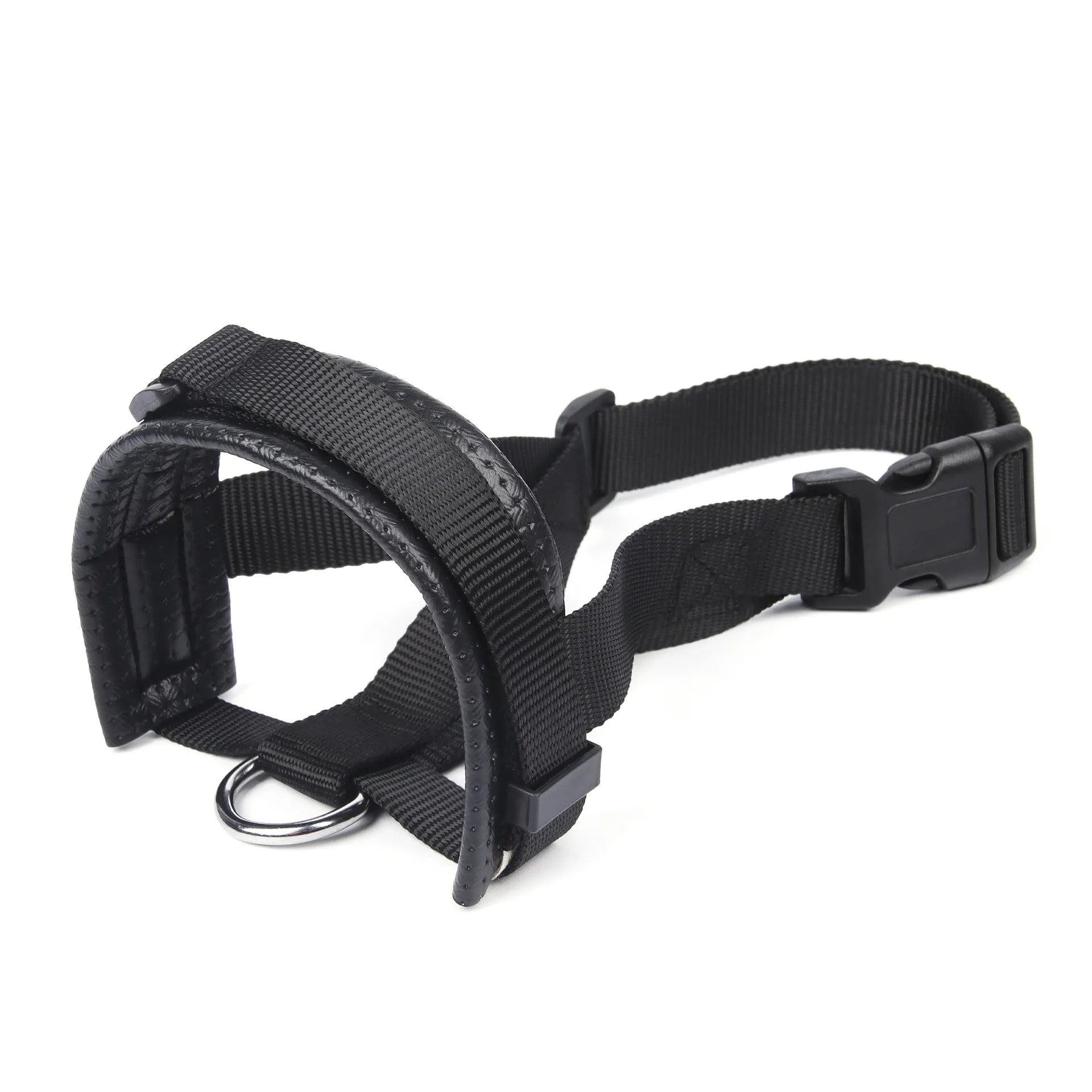 Adjustable soft foam dog muzzle with straps in black, side view, for anti-bite and anti-barking control in multiple sizes