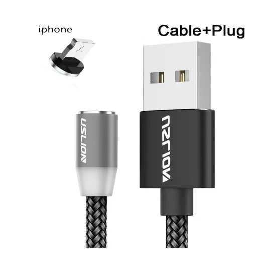 USLION circular magnetic charging cable in black, showing magnetic connector and plug for Android, iOS, or Type-C device.