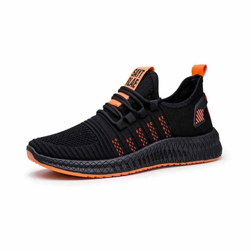 Men's black casual sports shoes with three white stripes and cross-strap detail on the Flying Weave upper.