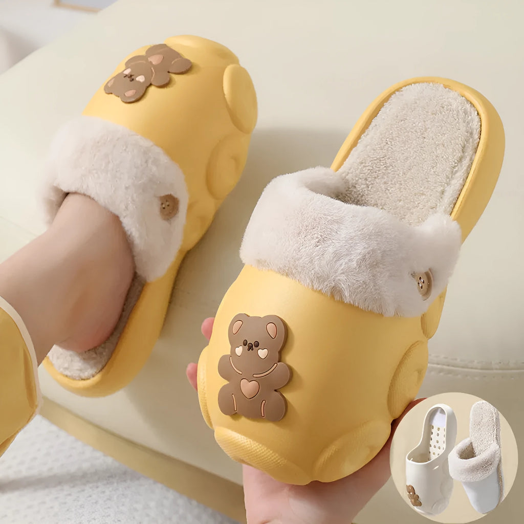 Baer fluffy slippers winter detachable washable house shoes with anti-skid EVA sole, off white colour