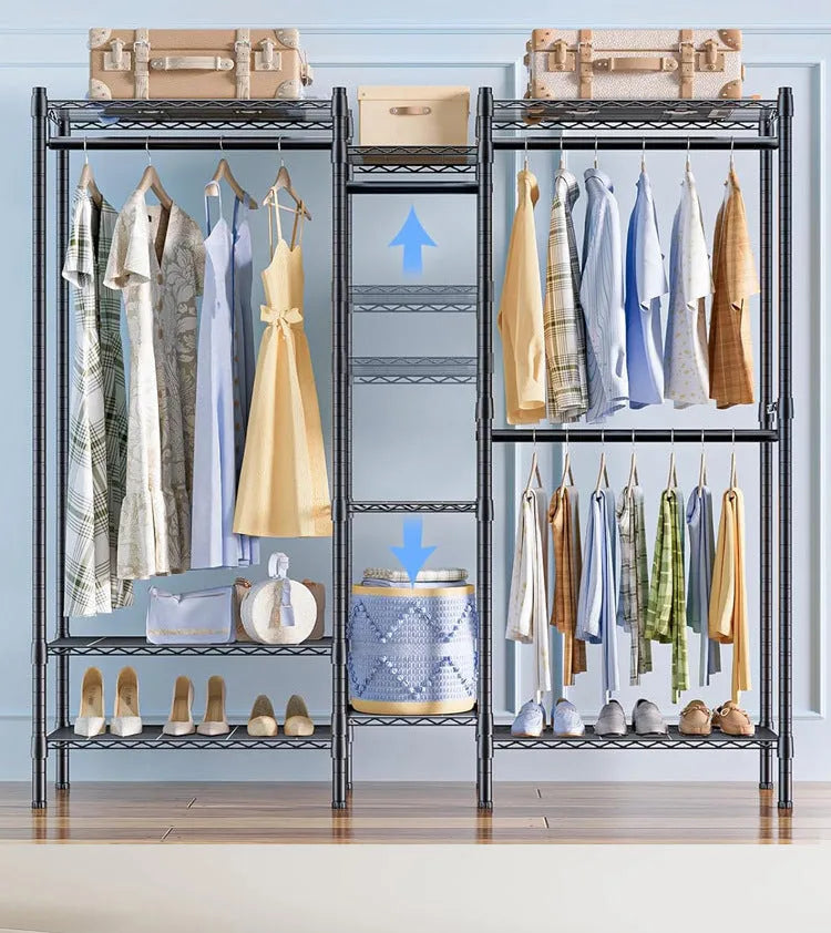 Black metal floor storage rack for hangers trousers and ties organisation 175x40x192cm dimensions