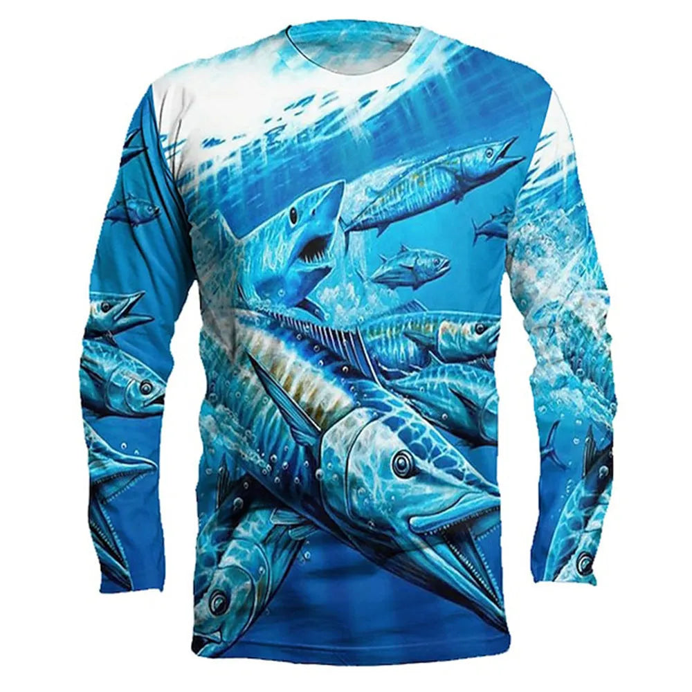 Men's grey round neck pullover with a large colourful fish graphic print on the front.