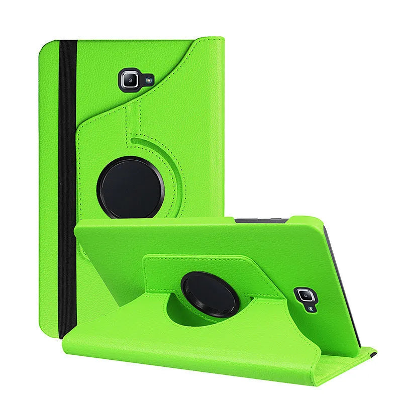 Rotating leather tablet case in clamshell design showing T-series compatibility and multiple colour options