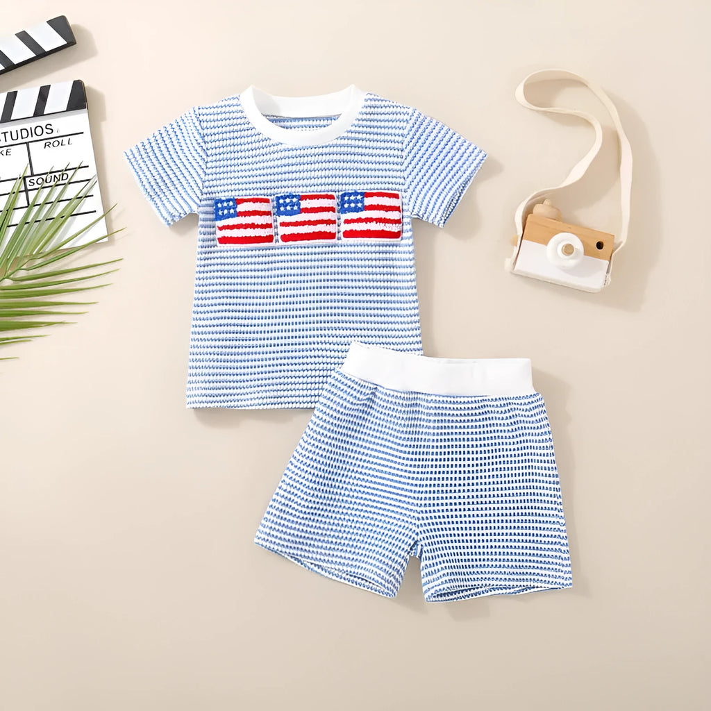 Cotton embroidered waffle short sleeve top and waffle shorts baby set in blue colour, pullover style