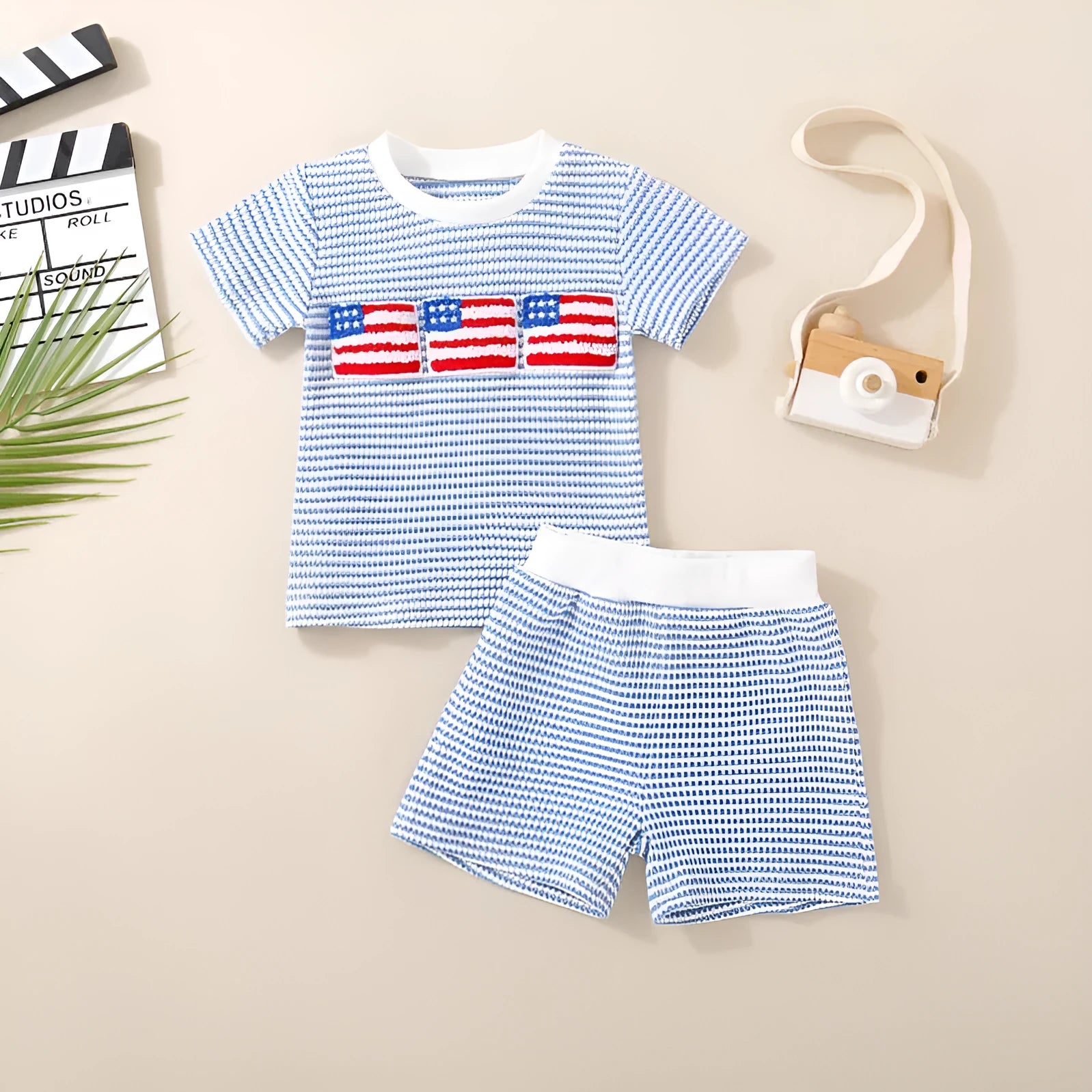 Cotton embroidered waffle short sleeve top and waffle shorts baby set in blue colour, pullover style