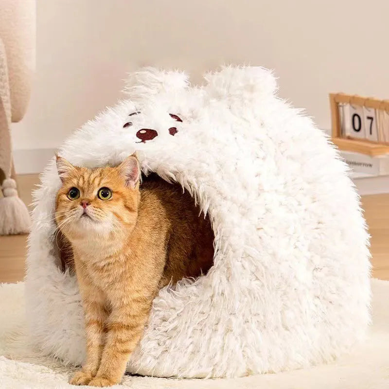 Semi-enclosed cotton cat litter tent in yurt style, shown in bear design.