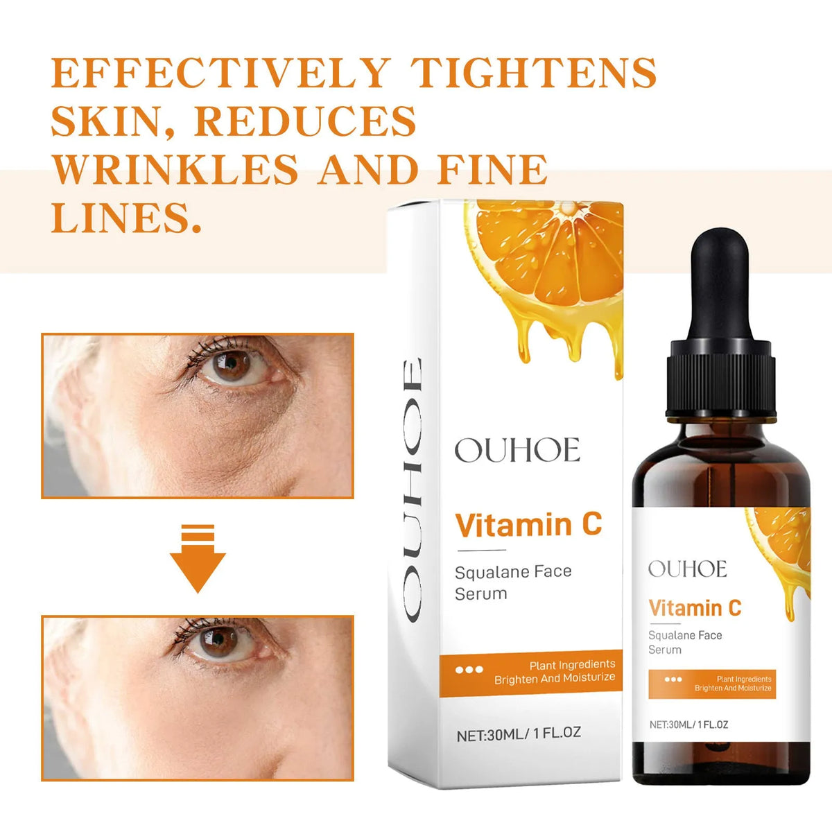 Squalane face serum in a clear PET bottle with ingredients including vitamin C, hyaluronic acid, and collagen