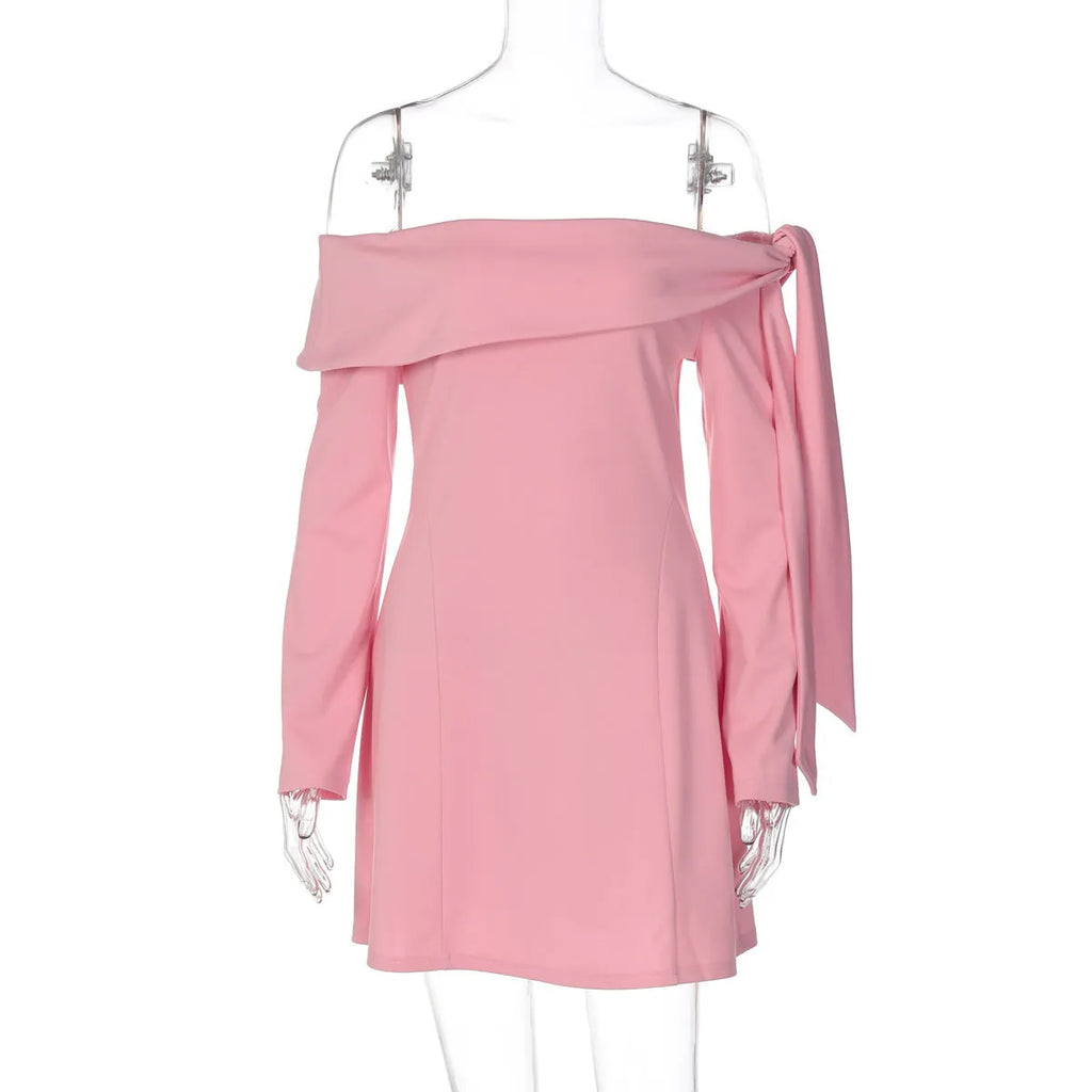 Women's off-shoulder slim-fit long-sleeved dress in pink polyester with short skirt
