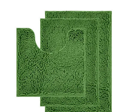 Chenille long hair three-piece bathroom mat set showing square, rectangular, and U-shaped pieces in a modern colour.