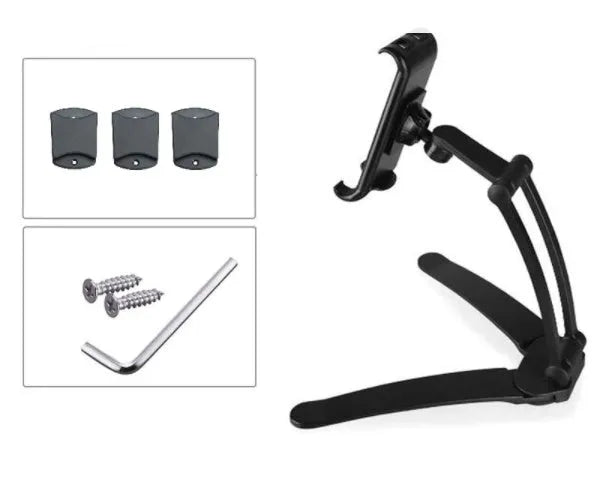 Silver aluminium alloy desktop tablet stand with adjustable holder and white mounting base on a wooden table.