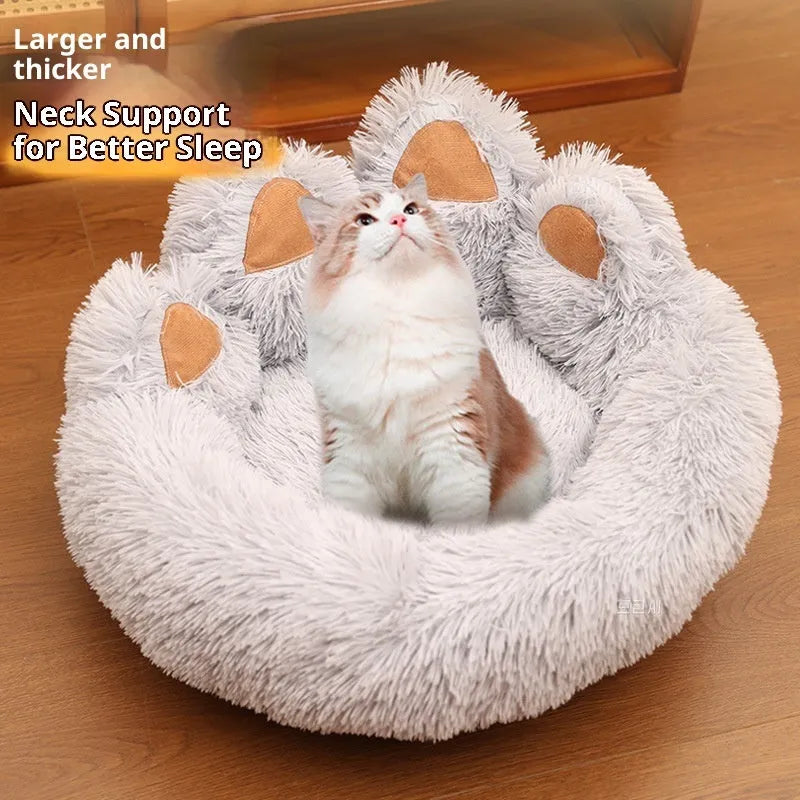 Plush kennel thickened pet bed in coffee colour with hand-shaped brush nest design, 50cm diameter option