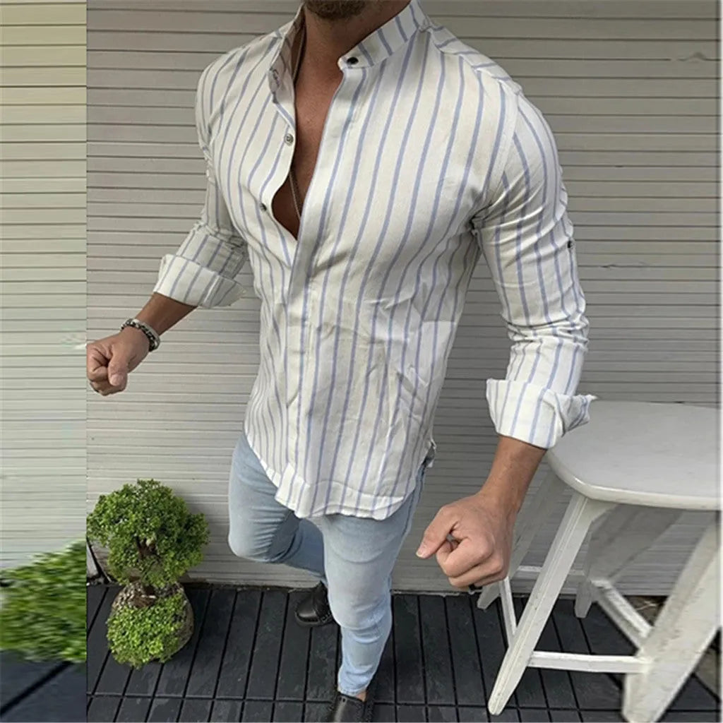 Men's striped wide lapel button cardigan long sleeve casual shirt in blue summer cotton polyester
