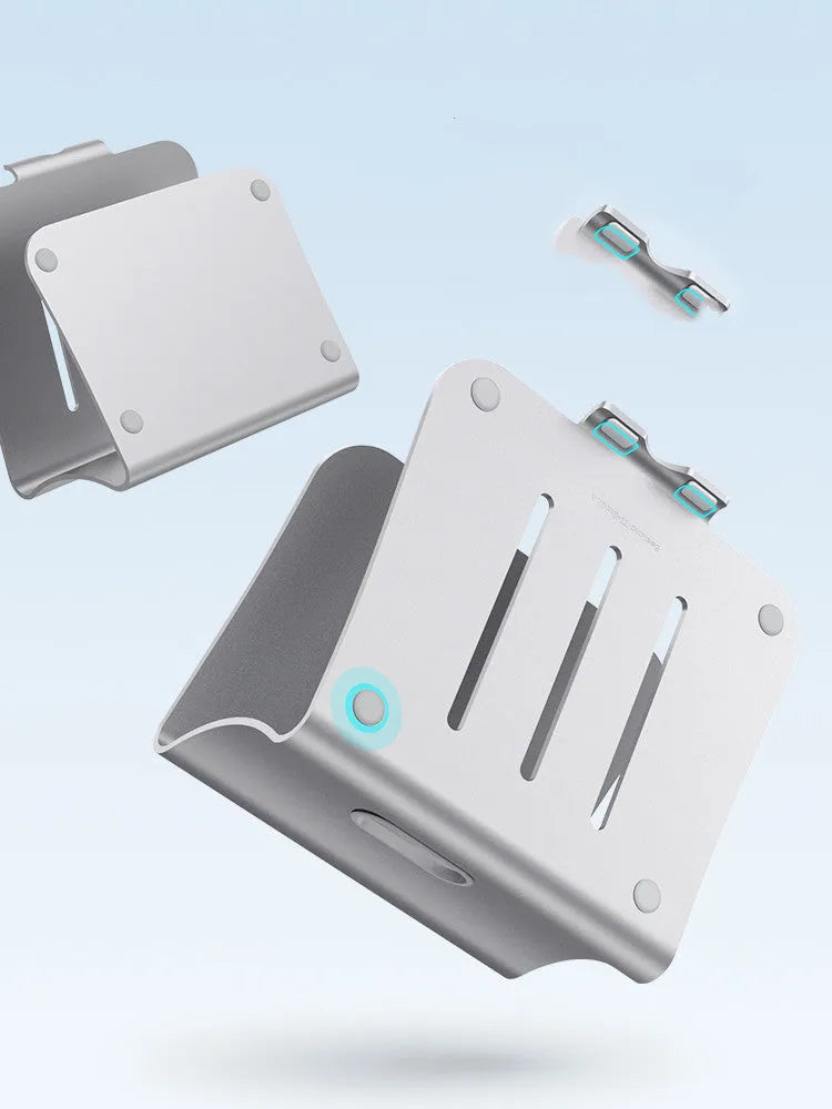 Aluminium alloy rotating laptop cooling bracket in silver or grey colour on a desk.