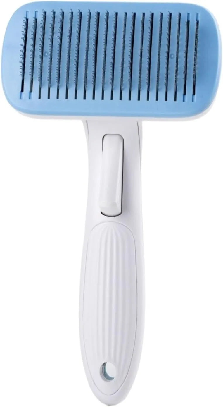 Automatic pet hair removal comb for dogs and cats in blue, grey, green, or pink colour options
