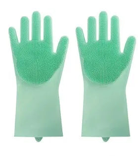 Blue silicone cleaning gloves with a textured sponge palm design for scrubbing.