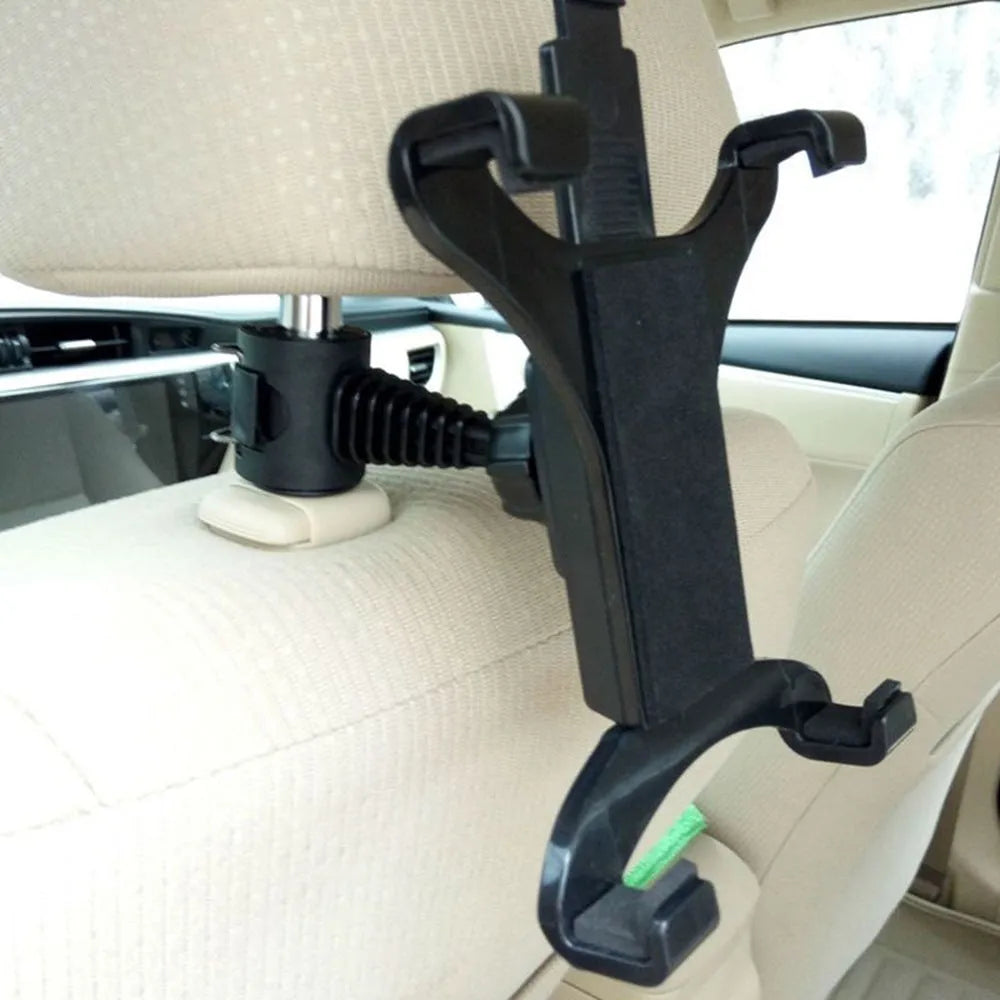 Black car headrest mount holder with four-point clamp for tablet on bumpy roads