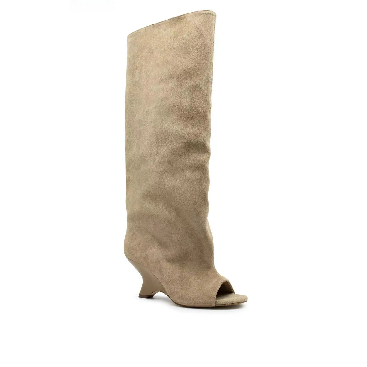 Women's peep toe wedge suede sandal boots with tassels, available in apricot colour, side view
