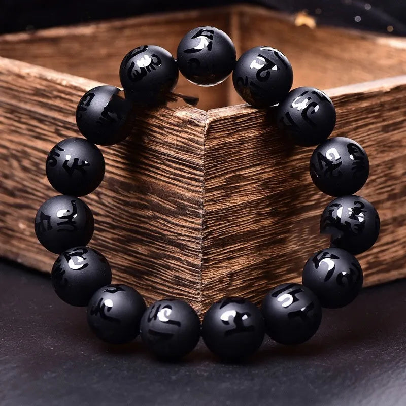 Natural black agate Sanskrit mantra bracelet with frosted finish and auspicious Chinese patterns