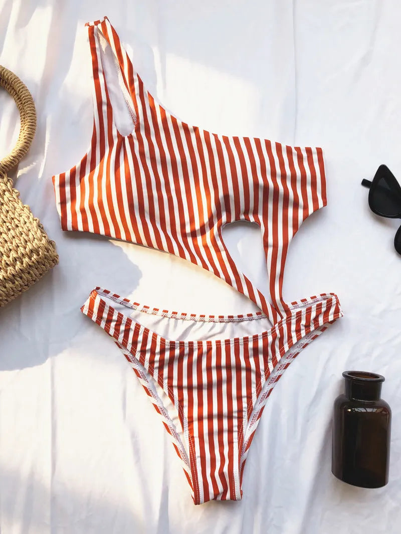 Women's nylon one-piece swimsuit in black or stripe pattern, available in sizes S M L