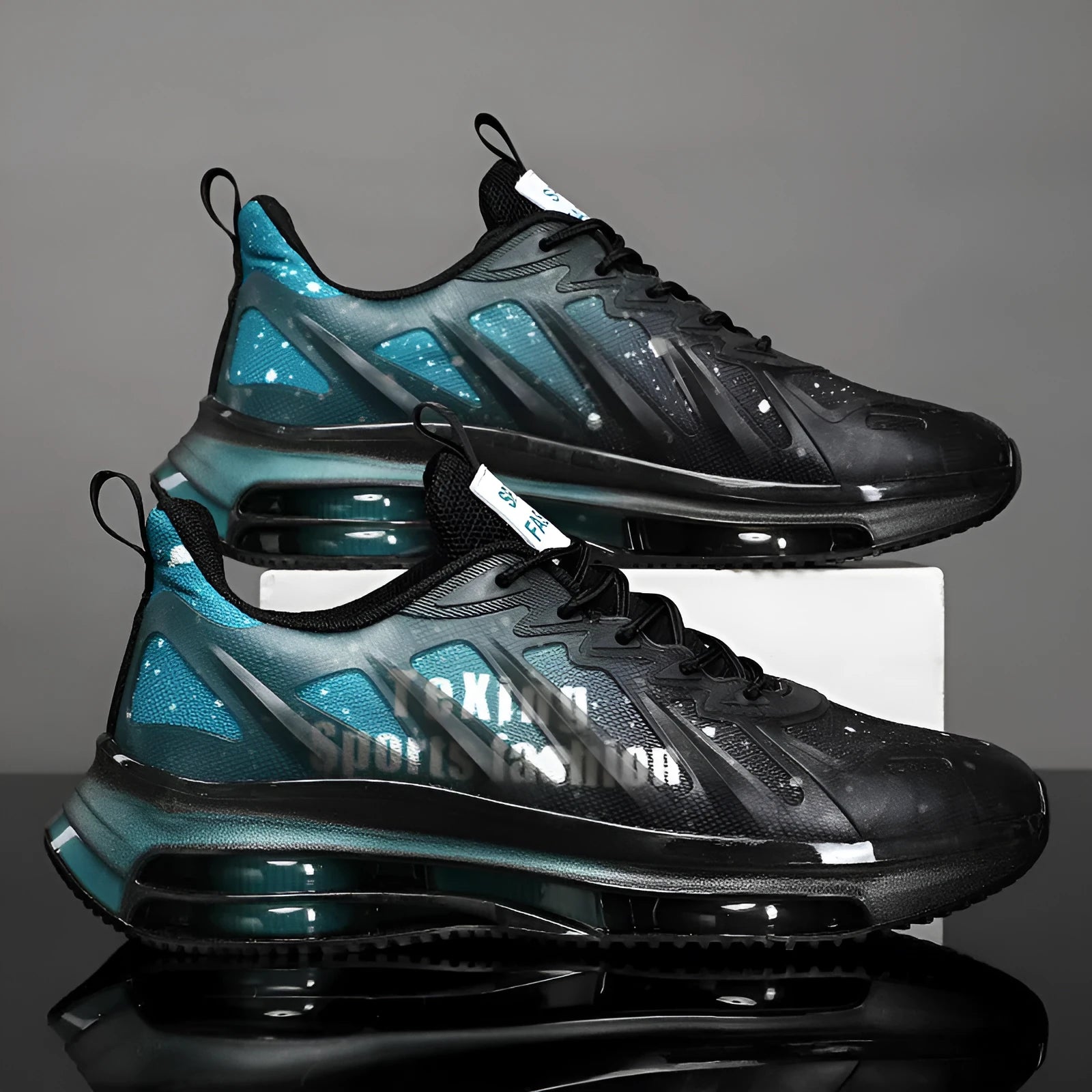 Men's black and green platform casual shoes with mesh upper and rubber sole.