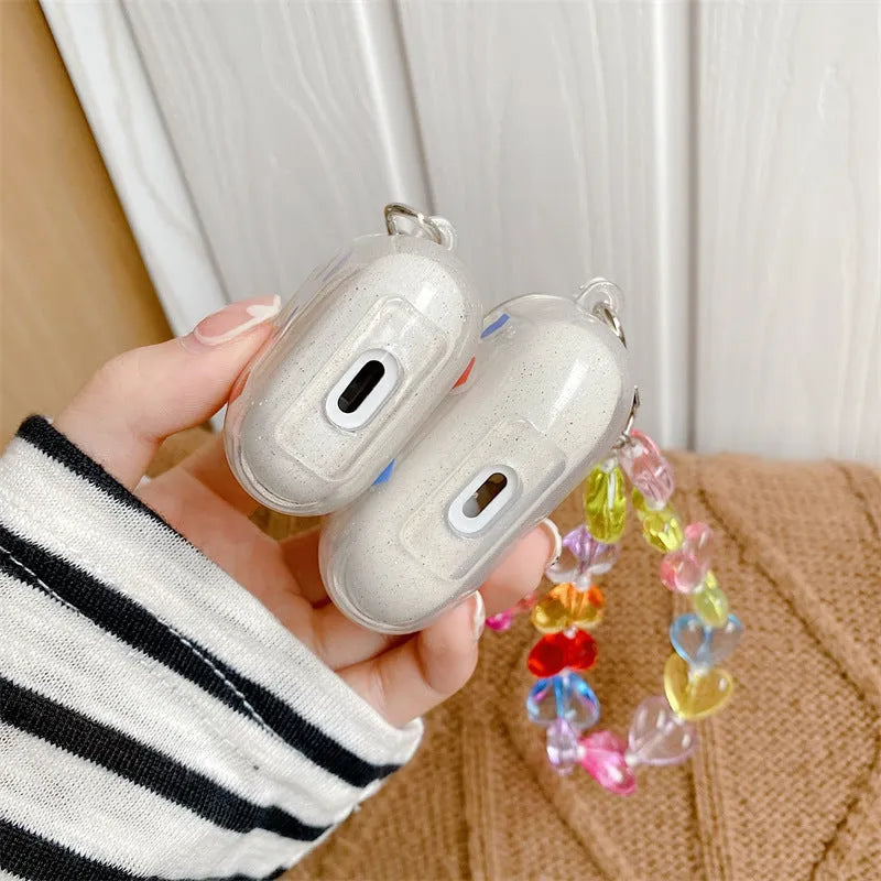 Color love chain TPU flip protective case for Apple AirPods, solid colour graphic, with chain attachment for hands-free carrying