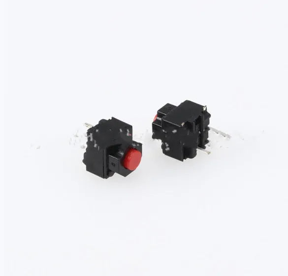 Single aluminium alloy micro tact switch with patch pins for PCB mounting.