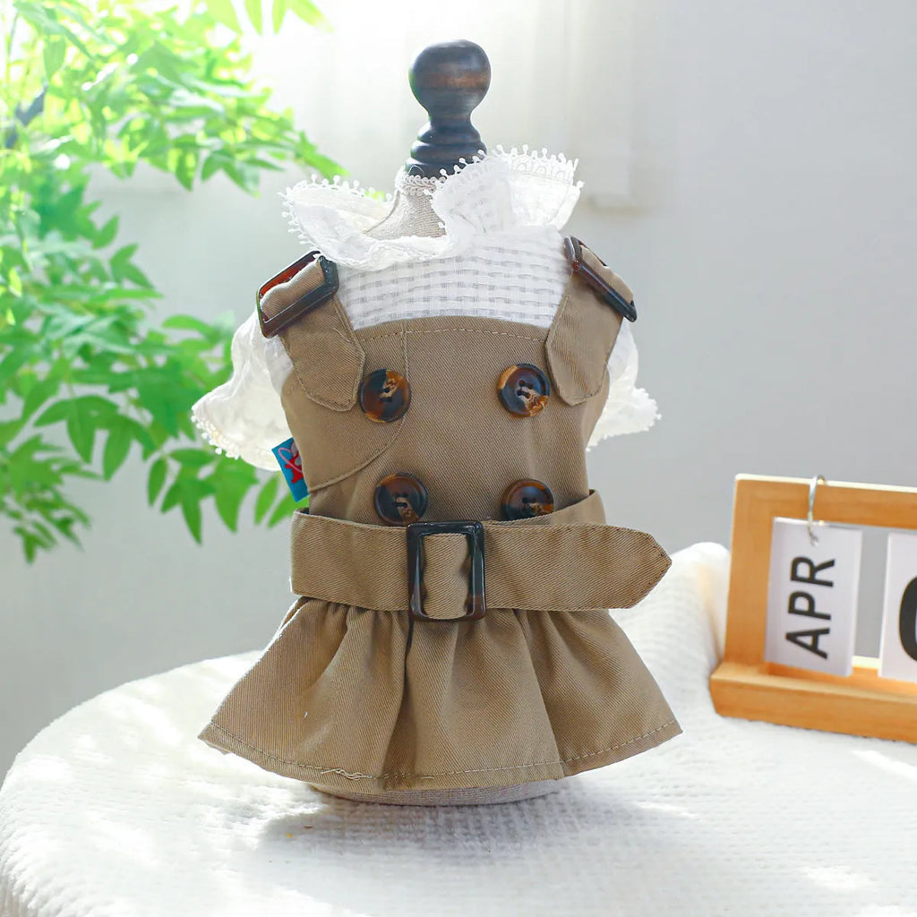 Khaki polyester trench coat for dogs on a neutral background showcasing front view and button closure