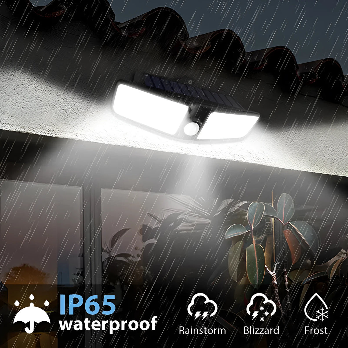 Outdoor solar wall light with 100 LEDs, IP65 waterproof rating and 5V solar operation for garden or fence